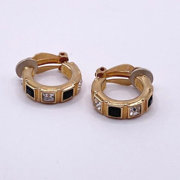 Swarovski Vintage Clip On Earrings Hoops with Black and White Crystals 1” - Picture 6 of 7
